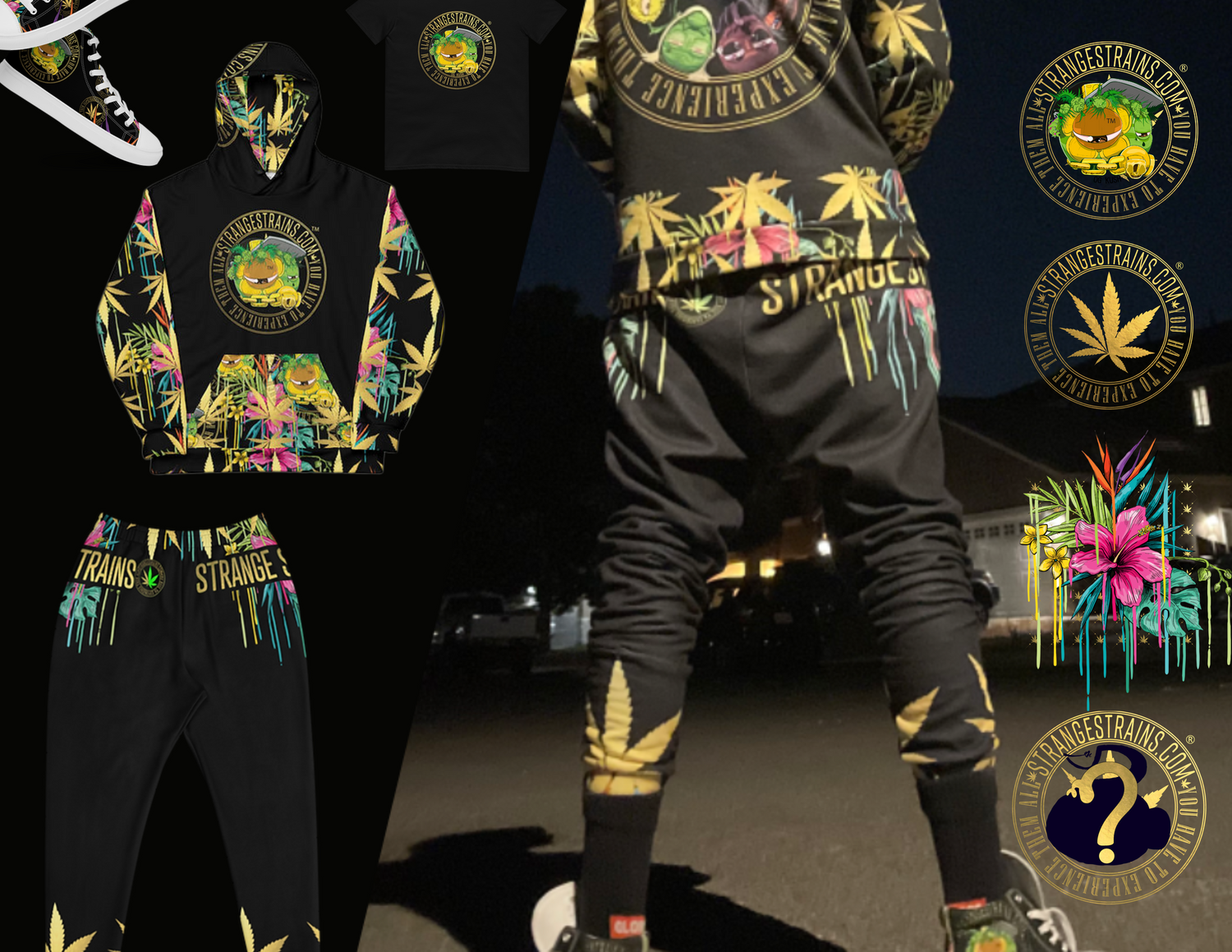 The articles are closed on the left side and the model wearing the full outfit on the right